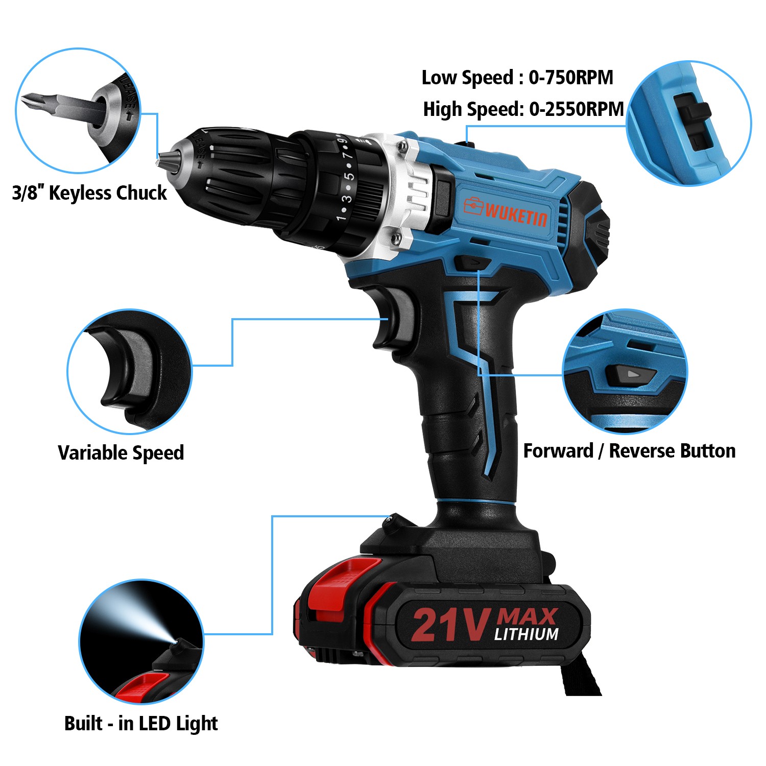 BLUELK 21V Cordless Drill/Driver Kit, 3/8-inch Electric Drill Set with 2  Batteries, Variable Speed 